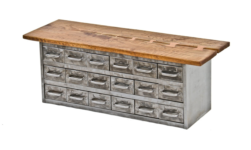 repurposed c. 1950's vintage american industrial "equipto" compartmentalized brushed steel coffee table with newly added tabletop containing graduating butterfly joints