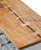 repurposed c. 1950's vintage american industrial "equipto" compartmentalized brushed steel coffee table with newly added tabletop containing graduating butterfly joints