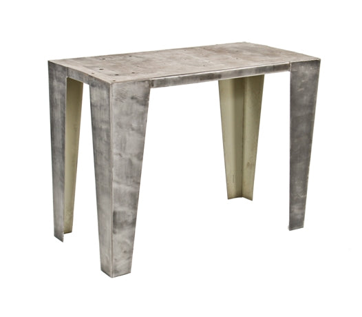 unusual c. 1940's vintage american industrial all-welded joint heavy gauge steel four-legged machine shop table with brushed metal finish