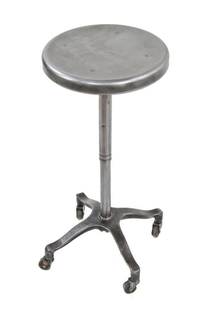 very clean and operable c. 1950's vintage american industrial "adjusrite" brushed steel adjustable height stool with original swivel casters