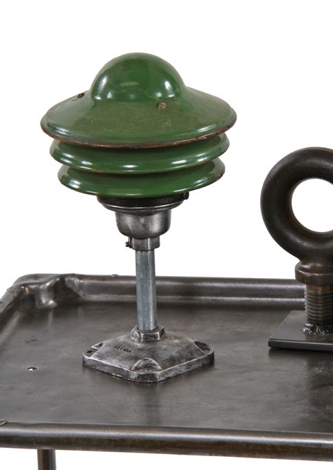 repurposed c. 1950's american industrial diminutive rewired appleton table or desk lamp with staggered green porcelain enameled diffusers