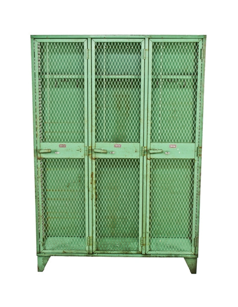 hard to find oversized c. 1950's american industrial "factory green" enameled diamond mesh steel three-unit freestanding locker with lockable turn handles