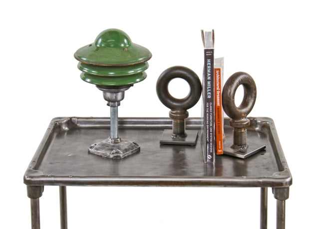 repurposed c. 1950's american industrial diminutive rewired appleton table or desk lamp with staggered green porcelain enameled diffusers