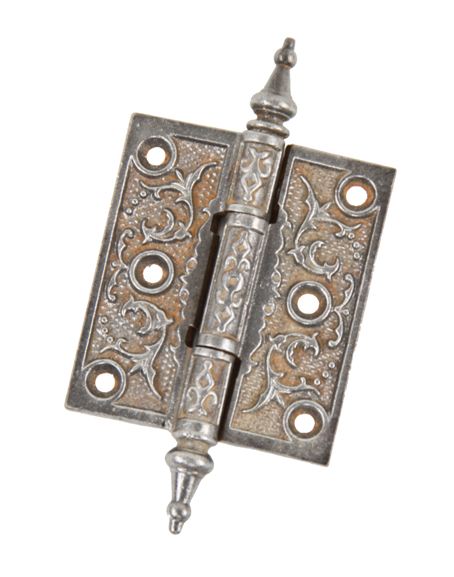 19th century fully functional american victorian era ornamental cast iron interior residential passage door loose pin hinge with steeple-shaped finials