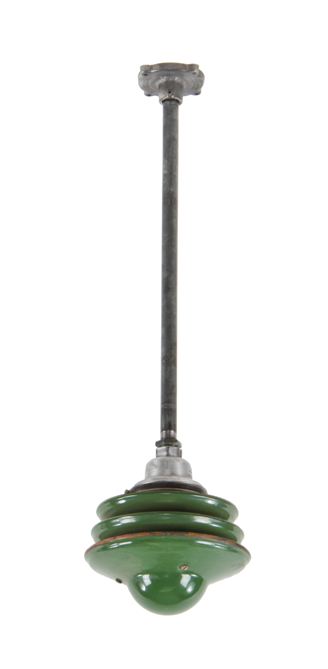 fully functional c. 1950's vintage american industrial repurposed appleton "walk light" ceiling mount pendant light with green porcelain enameled staggered shades