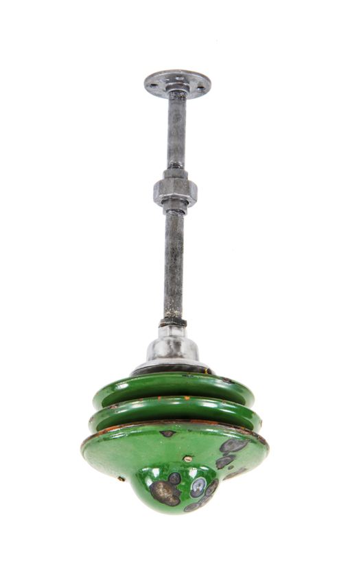 repurposed american made vintage industrial appleton "walk light" single electric pendant light with stacked green porcelain enameled diffusers