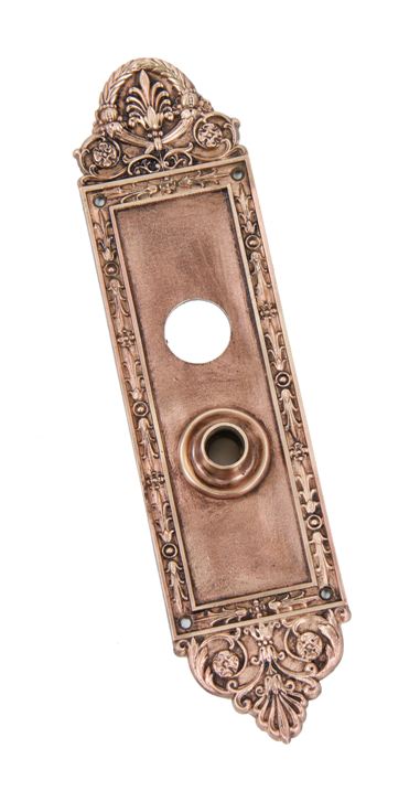 exceptional late 19th century oversized antique american ornamental cast bronze exterior residential doorknob backplate with delicate scrollwork
