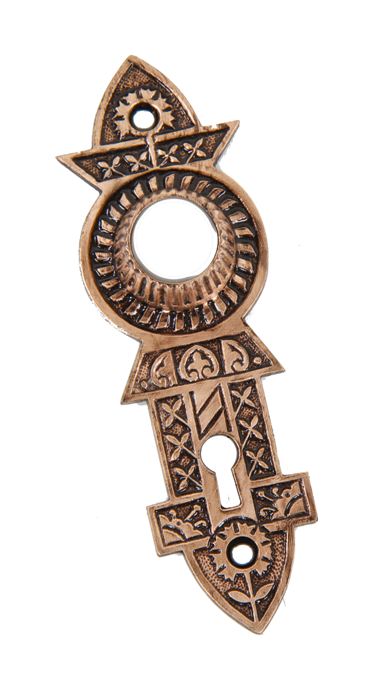 late 1880's original american eastlake or aesthetic style ornamental cast bronze "screwless" spindle doorknob escutcheon or backplate
