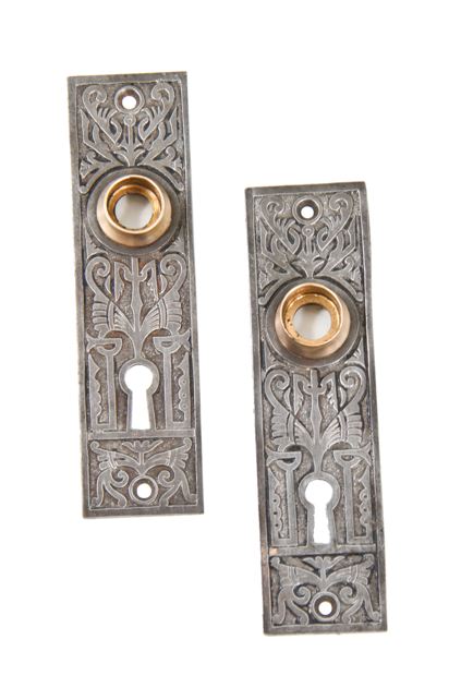 pair of 19th century american eastlake style ornamental cast iron "oriental" pattern residential passage door backplates with wrought brass thimbles