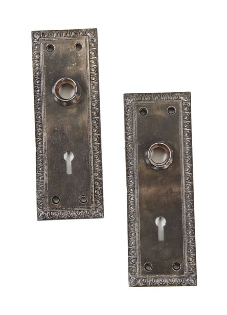 two matching early 20th century refinished american ornamental cast iron interior residential doorknob backplates with egg & dart border