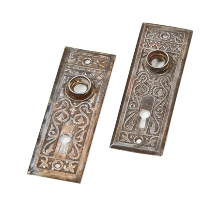 two matching original c. 1910-20 american antique ornamental stamped wrought steel doorknob backplates with foliated scrollwork