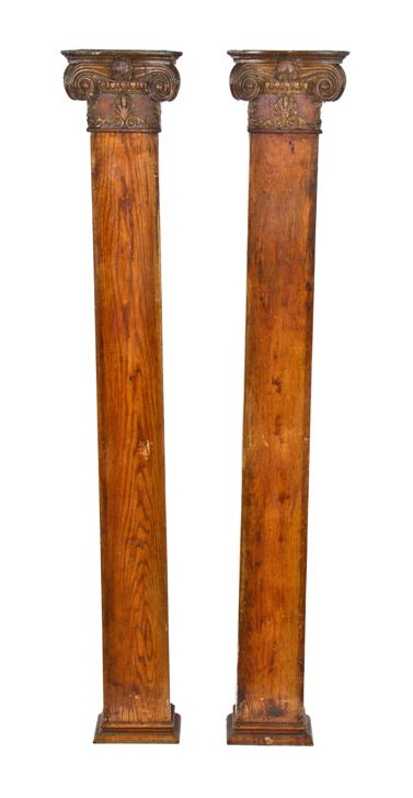 original and largely intact late 19th century american varnished oak wood flush mount interior residential pilasters with ornamental composition capitals