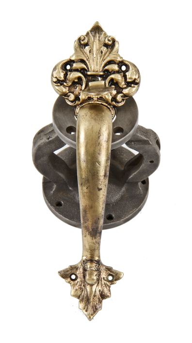 richly detailed early 20th century american ornamental cast brass exterior residential or commercial thumblatch door handle with deeply embossed leafage