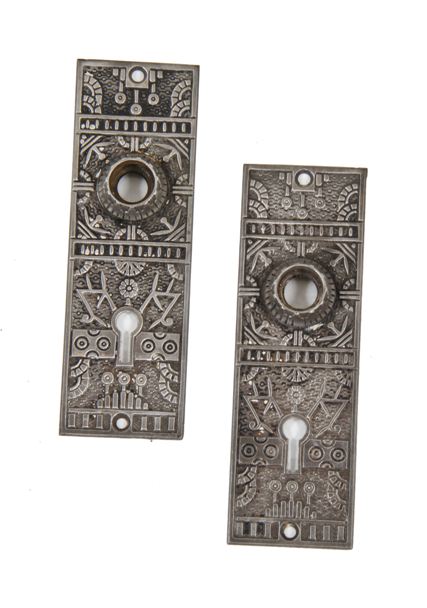 matching late 19th century american eastlake style ornamental cast iron interior residential refinished "windsor" pattern doorknob backplates