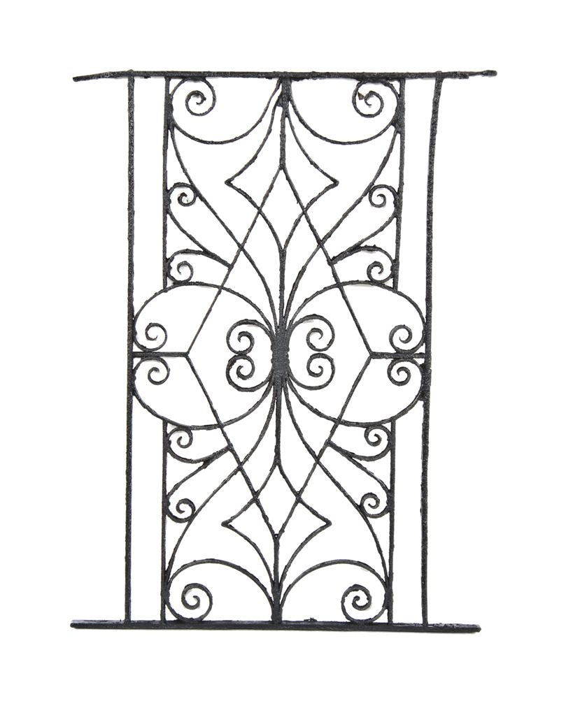 19th century american victorian era exterior residential structurally sound and stable ornamental wrought iron window guard with abundant scrollwork