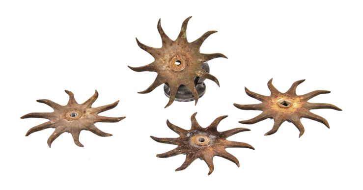 four matching antique american industrial worn and weathered reinforced cast iron threshing machine or combine rake wheels
