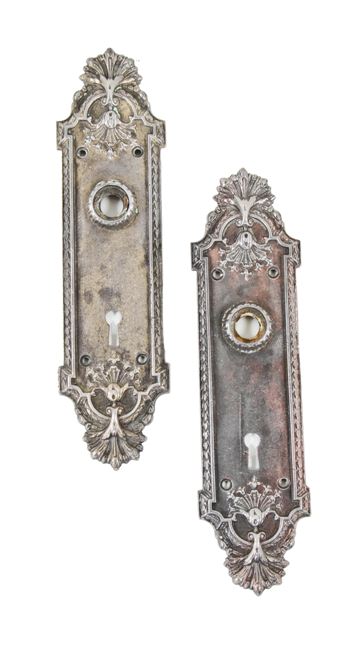 original early 1900's american antique ornamental cast iron "ontario" pattern interior residential doorknob backplates with fluted thimbles