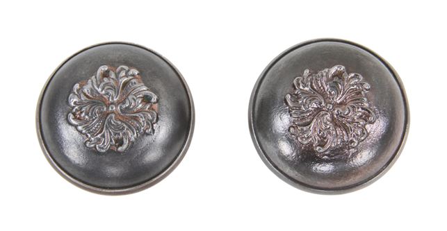 two matching early c. 1900's american antique refinished ornamental cast iron passage size banded rim doorknobs with embossed floral rosette