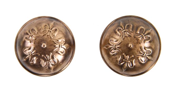 two matching c. 1900's dome-shaped banded rim ornamental wrought bronze "fleur de lys" pattern passage size antique residential doorknobs