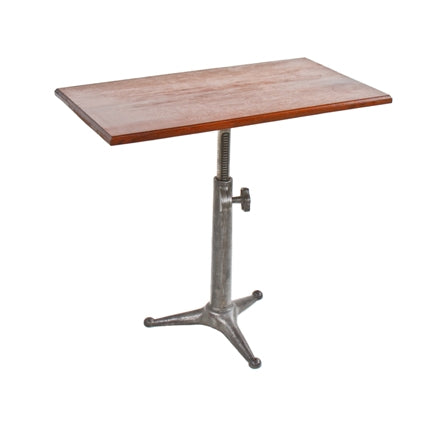 repurposed vintage american industrial cast iron three-legged telescoping pedestal base side table with newly added beveled edge walnut wood tabletop