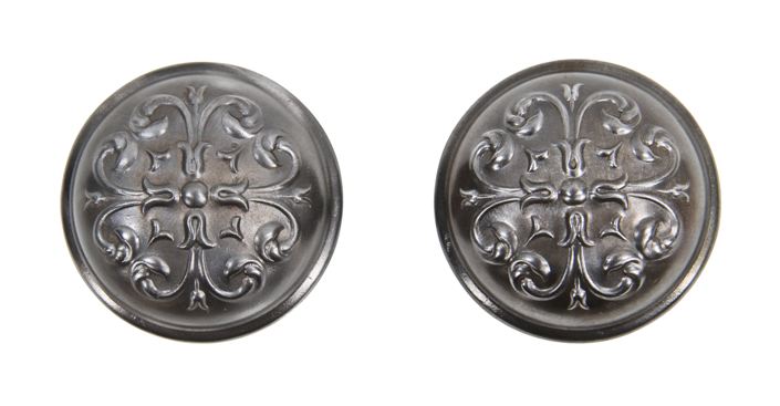 original c. 1900's american antique ornamental stamped wrought steel "wilton" pattern banded rim passage size doorknobs with brushed metal finish