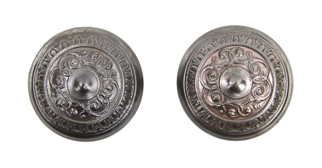 set of pressed ornamental wrought steel american antique interior residential "mantua" pattern passage size doorknobs with brushed metal finish