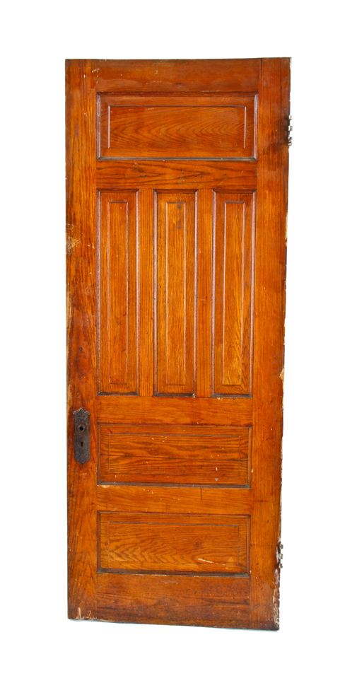 finely crafted c. 1900's all original american antique interior residential varnished oak wood six raised panel passage door with "loriane" pattern hardware