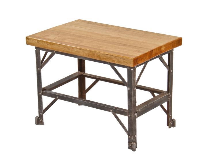 repurposed vintage american industrial heavy gauge riveted joint angled steel coffee table or stationary bench with refinished maple wood tabletop