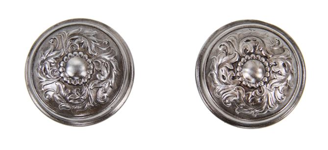pair of early 20th century american antique brushed ornamental wrought steel "oakdale" pattern interior residential passage size doorknobs