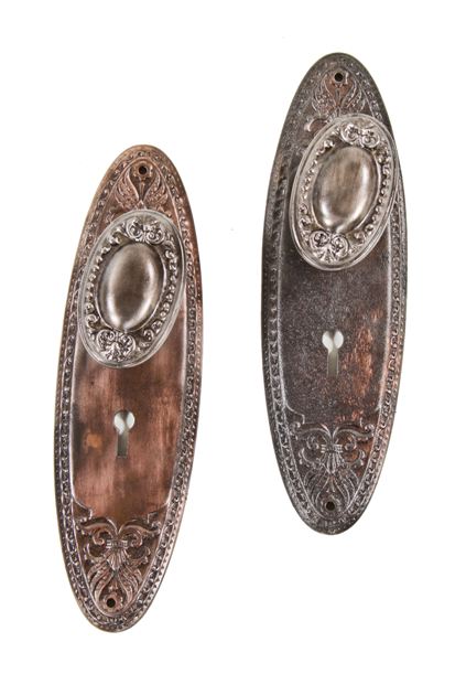 complete set of original antique american stamped ornamental steel "farnam" pattern interior residential passage door hardware