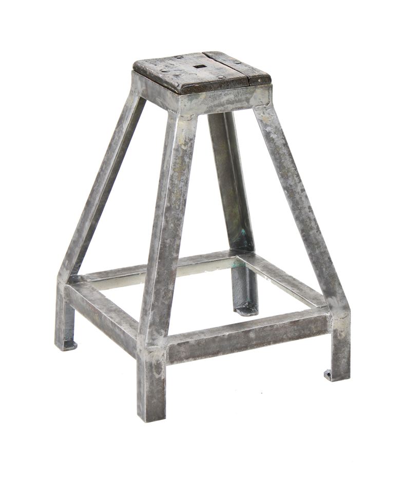 unusual vintage american industrial pyramidal-shaped all welded heavy gauge brushed steel four-legged machine base with weathered wood top
