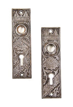 original c. 1880's american eastlake style "oriental" pattern ornamental cast iron doorknob backplates with oil-rubbed bronze finish