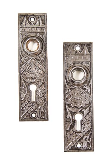 original c. 1880's american eastlake style "oriental" pattern ornamental cast iron doorknob backplates with oil-rubbed bronze finish