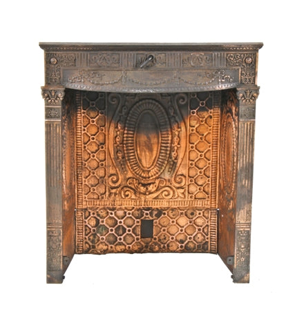 unusual late 19th century american victorian era interior residential fireplace insert comprised of copper-plated ornamental cast iron and pressed steel