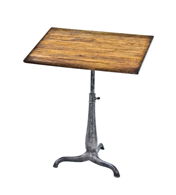c. 1900-15 american antique freestanding industrial drafting table featuring a weighted cast iron three-legged base and telescoping pole