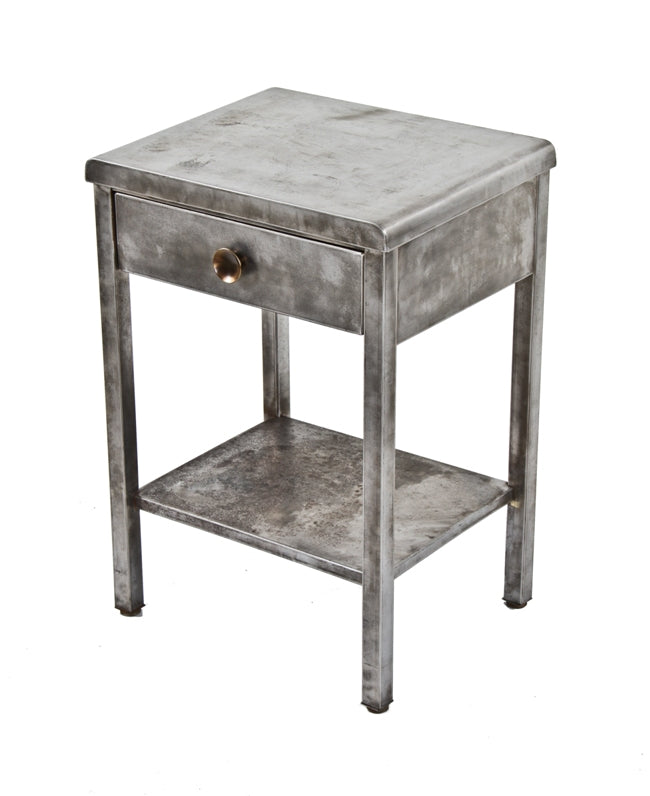 early 1940's american machine age streamlined cold-rolled brushed steel "life-long" brand hospital side table with single sliding drawer containing original wrought brass pull