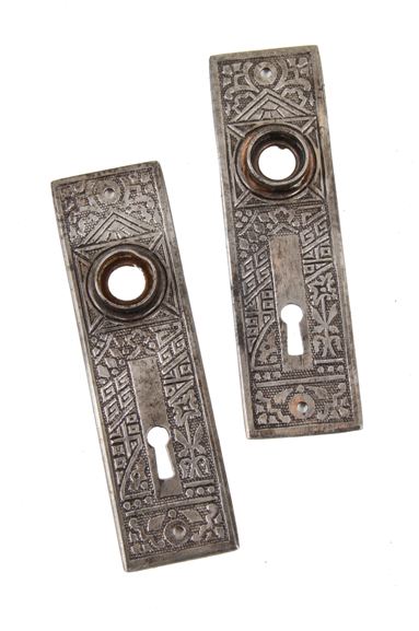 two brushed metal 19th century american eastlake style ornamental heavy gauge steel passage door "ceylon" pattern doorknob backplates