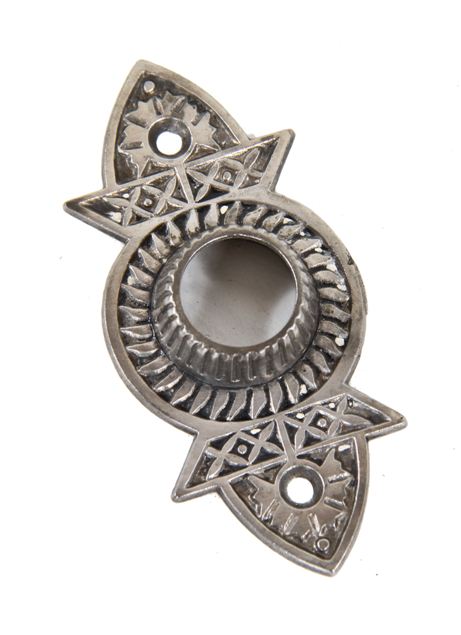 late 19th century antique american "screwless spindle" ornamental cast iron passage doorknob rosette featuring an oversized fluted thimble