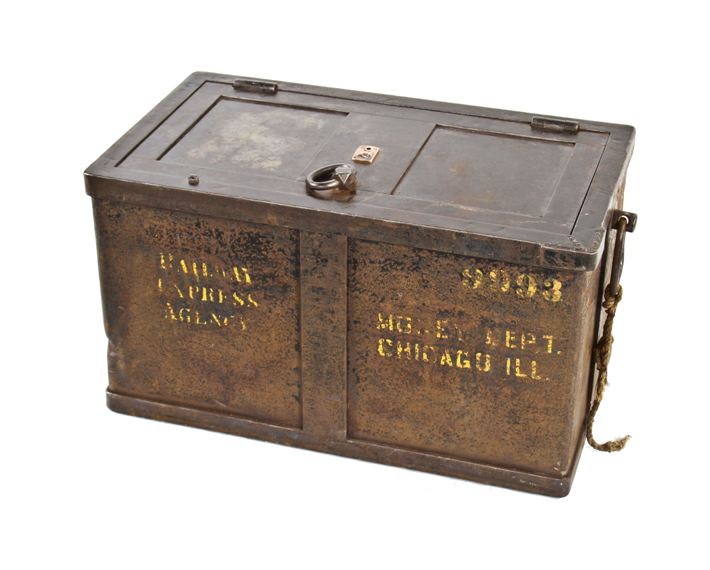 rare c. 1930's american depression era heavily reinforced vintage industrial all-welded joint railway express agency strongbox with intact drop handles