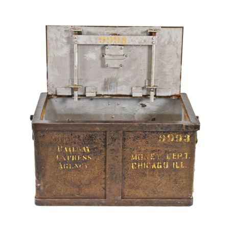 rare c. 1930's american depression era heavily reinforced vintage industrial all-welded joint railway express agency strongbox with intact drop handles