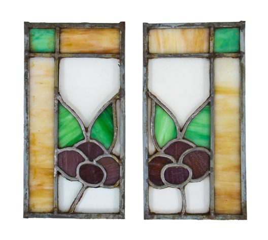 matching set of original c. 1915-20 american arts & crafts style chicago bungalow interior cabinet door diminutive stained glass insets or panels