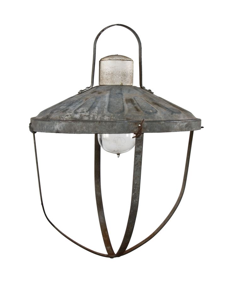 c. 1930's american depression era vintage industrial galvanized steel chicken egg incubator pendant light or lamp with bent steel strap bulb guard