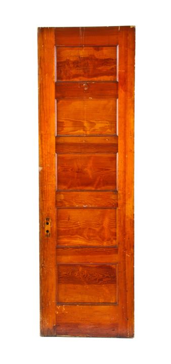 c. 1900's american interior residential chicago two-flat yellow pine wood five panel passage door with original varnished finish