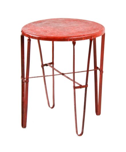 unusual c. 1930's vintage american industrial worn and weathered red painted pressed and folded steel multi-purpose table with hairpin legs