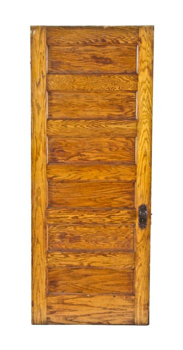 early 20th century all original american varnished white oak wood interior residential six panel door with original pressed ornamental steel hardware