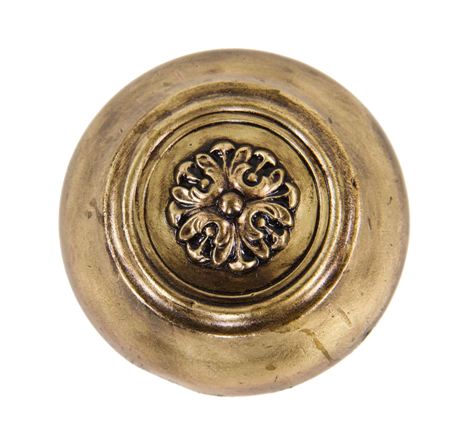 c. 1909 original american antique ornamental wrought brass interior residential "essington" pattern passage size doorknob with centrally located floral rosette