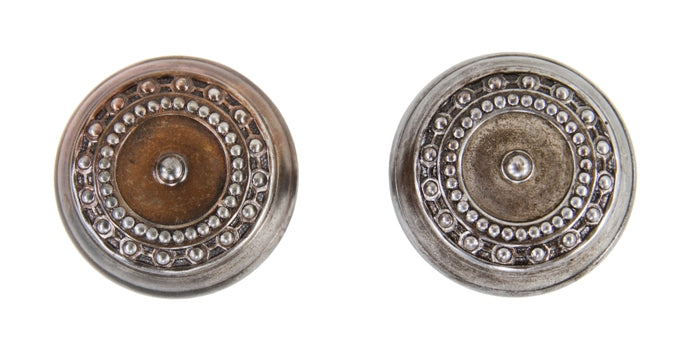 set of early 20th century american antique ornamental wrought steel "como" pattern passage size doorknobs with beaded borders