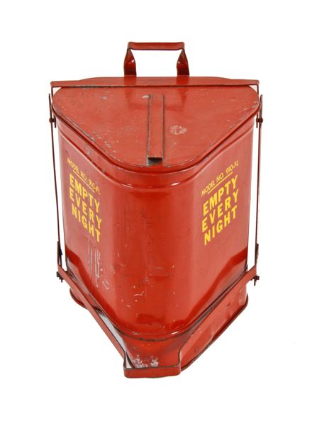 fully functional vintage american industrial foot-operated triangular-shaped cherry red enameled steel factory oily rag waste can