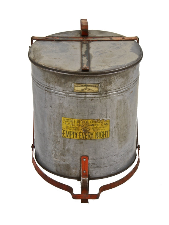 original late 1920's american industrial galvanized steel "justrite" flip-top factory oily rag waste can with functional foot pedal