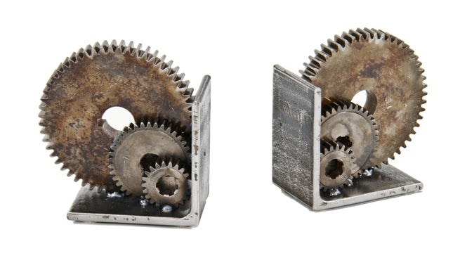 vintage american industrial repurposed weighted "machine age" bookends with solid steel l-shaped brackets containing welded joint sprockets